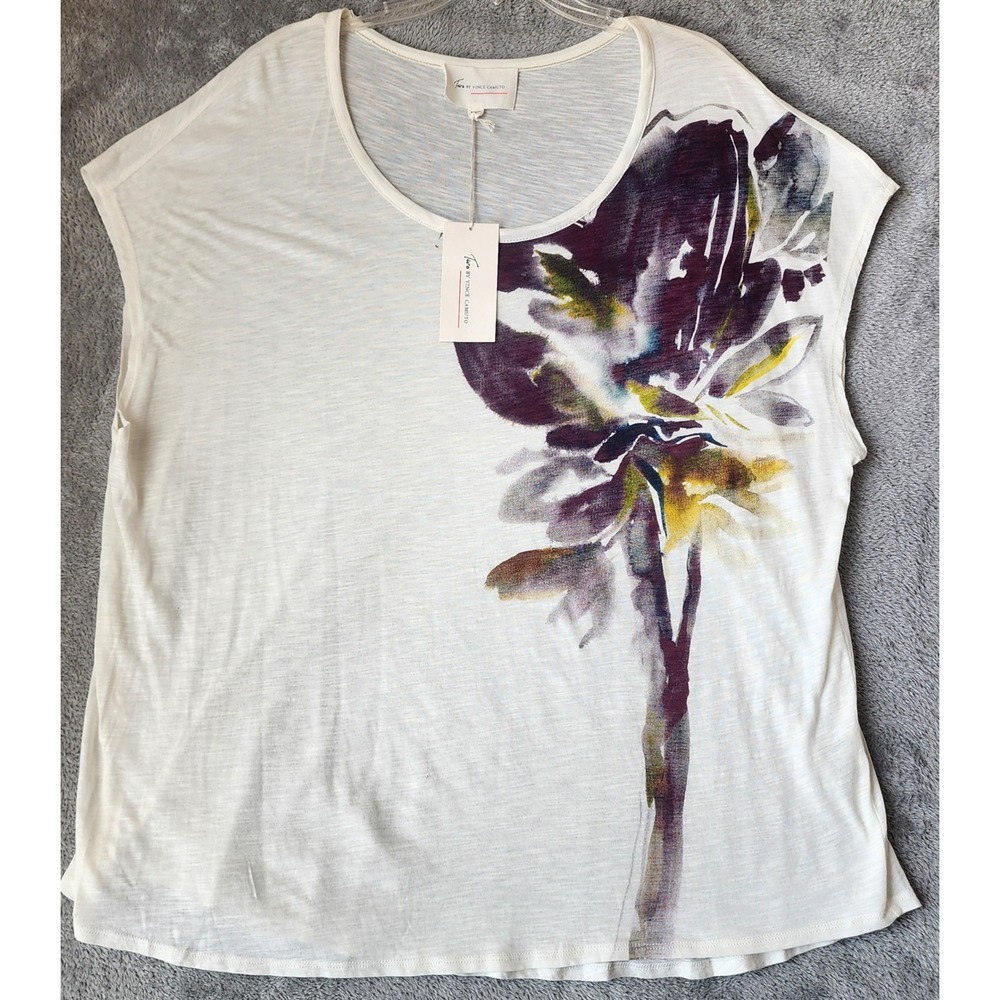 Two by Vince Camuto Top Womens 3X White Floral Graphic Scoop Neck Relaxed NEW